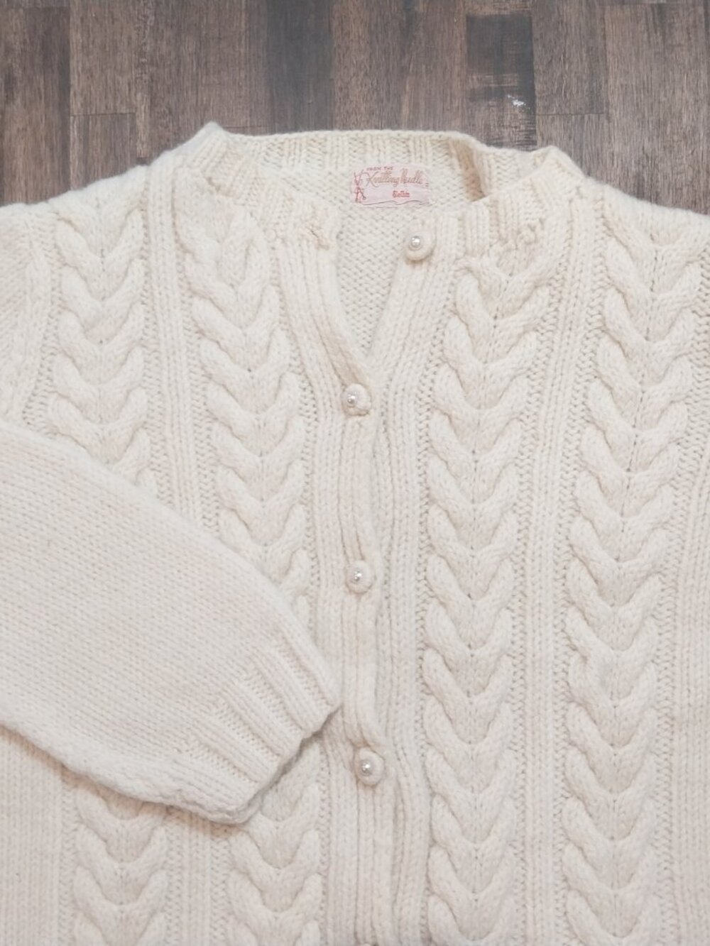 Vintage Cable Knit Sweater Cardigan S / M Cream Beige Hand Knit Pearl Button.